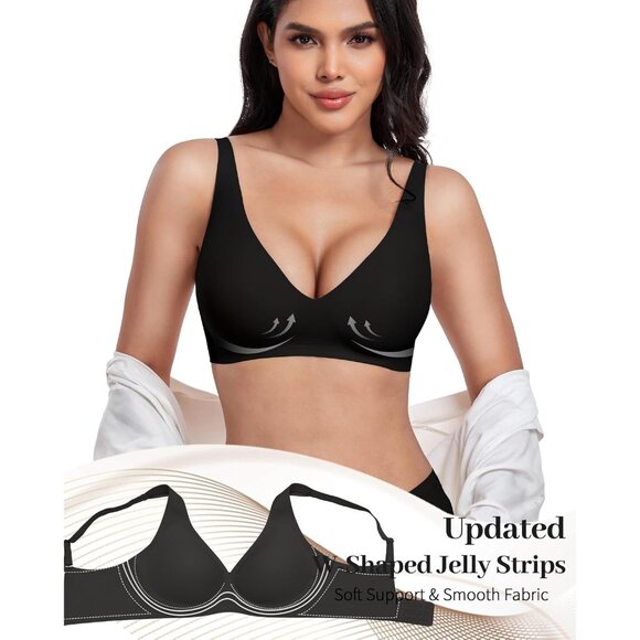 🆕Women Elegant Black Nylon Deep V Wireless Bra Bralette Adjustable No Underwire - Picture 3 of 6